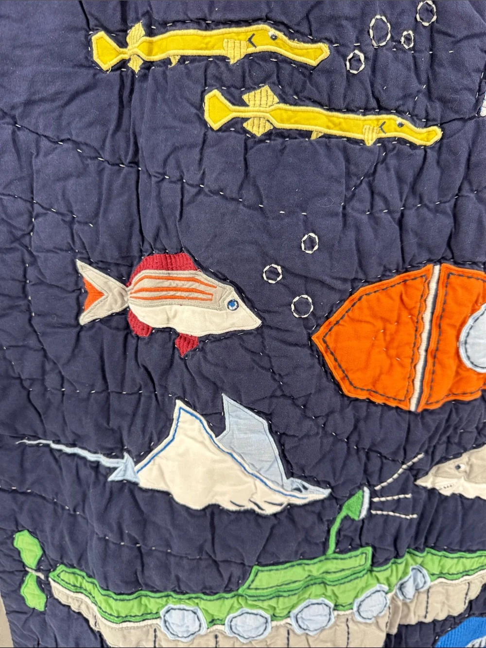 Pottery Barn Kids toddler bed Navy Quilt Submarine Marine shark whale 33x46